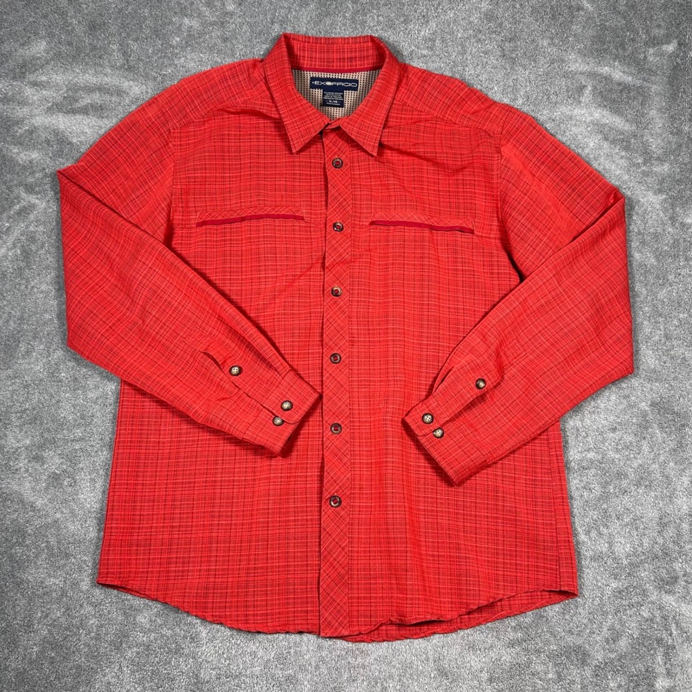 ExOfficio Button Down Shirt Men XL Red Orange Grid Long Sleeve Ventilated Hiking